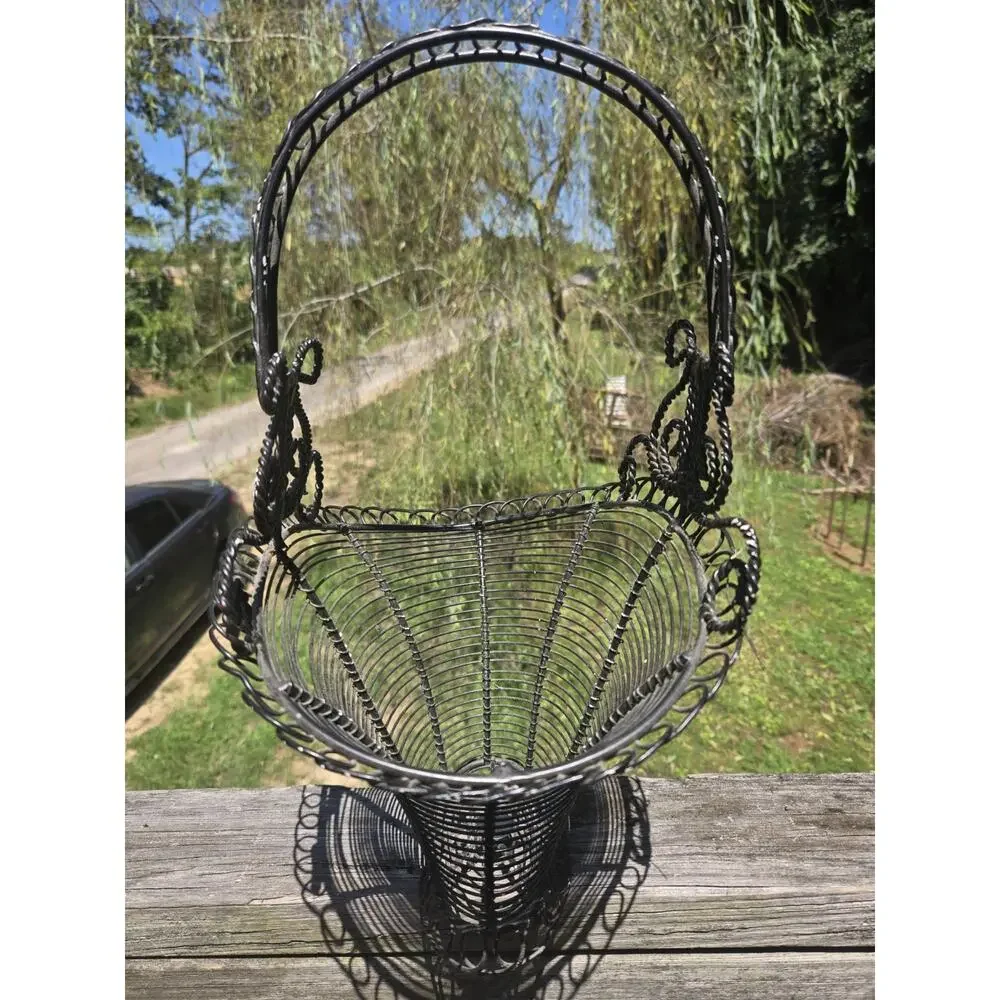Vintage Black Wire Metal Basket Ornate Scrollwork Handle Farmhouse Decor